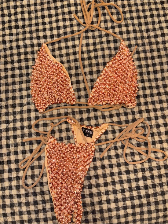 Icon Swim Other - Beaded Triangle Bikini Set in Peach Pink